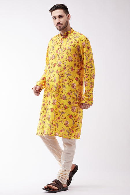 Vastramay Multicolor-Base-Mustard And Cream Baap Beta Kurta Set